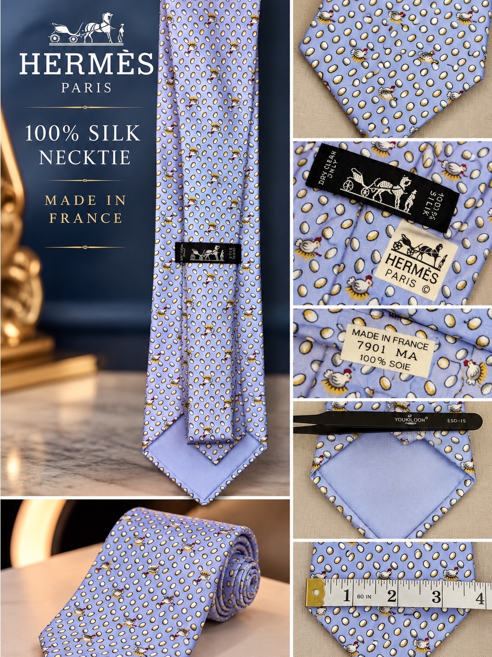 Hermès Paris 100% Silk Chicken & Egg Animal Print Tie Made in France 7901 MA
